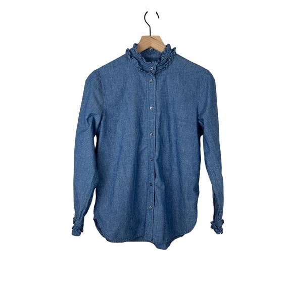 J Crew Classic Fit Chambray Ruffle Neck Shirt - Picture 1 of 6